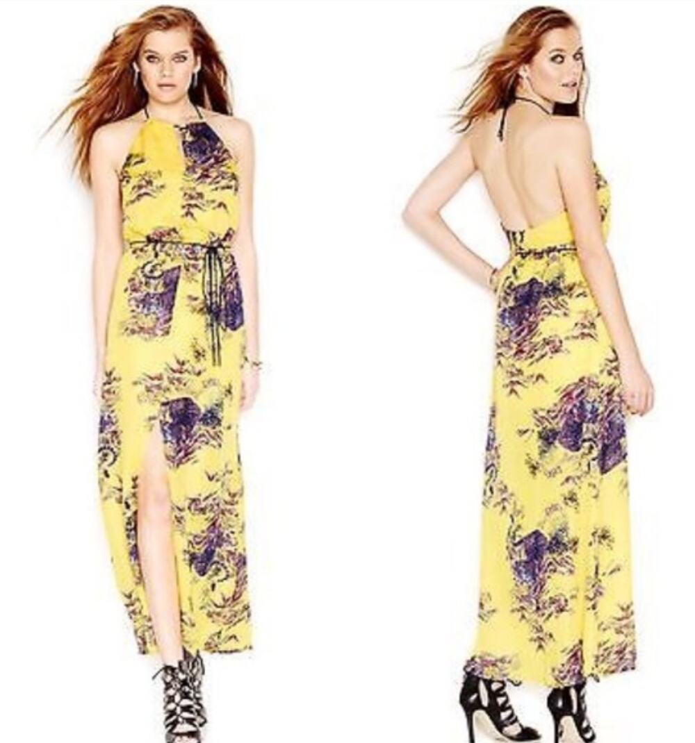 VTG y2k 2010s Guess Yellow Japanese Watercolor Tiger halter maxi Dress Floral M